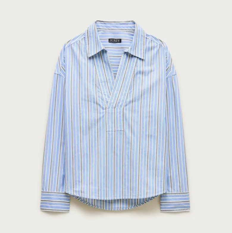 V-neck popover shirt in striped cotton poplin