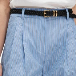 Wide-leg pleated pant in striped cotton