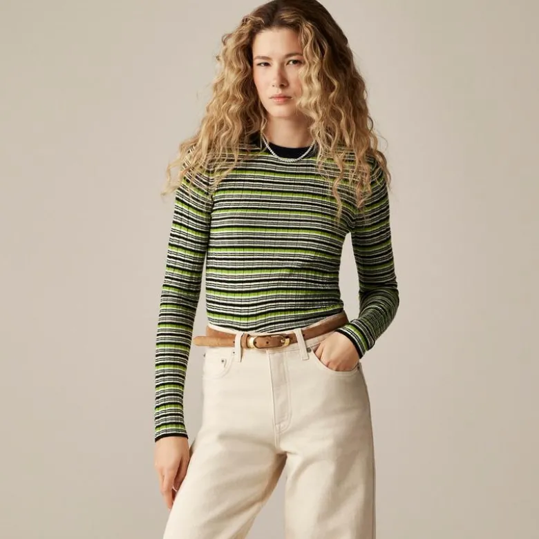 Wide-rib Carolyn crewneck sweater in striped merino wool