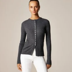 Wide-rib fitted cardigan top in merino wool