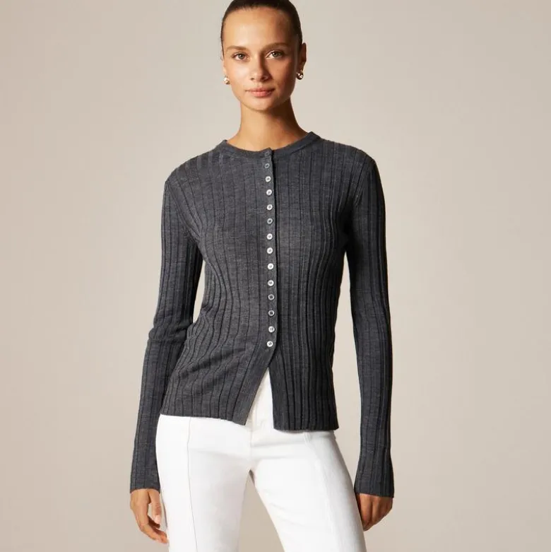 Wide-rib fitted cardigan top in merino wool