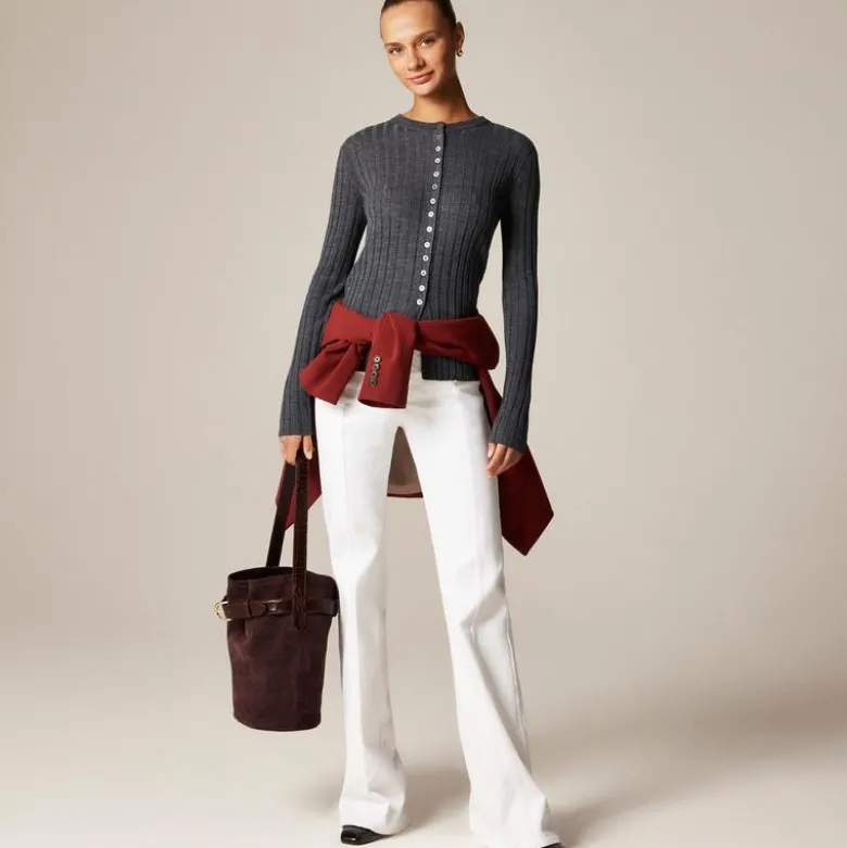Wide-rib fitted cardigan top in merino wool