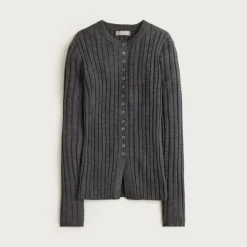 Wide-rib fitted cardigan top in merino wool