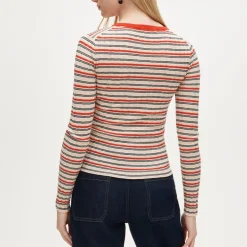 Wide-rib high V-neck sweater in striped merino wool